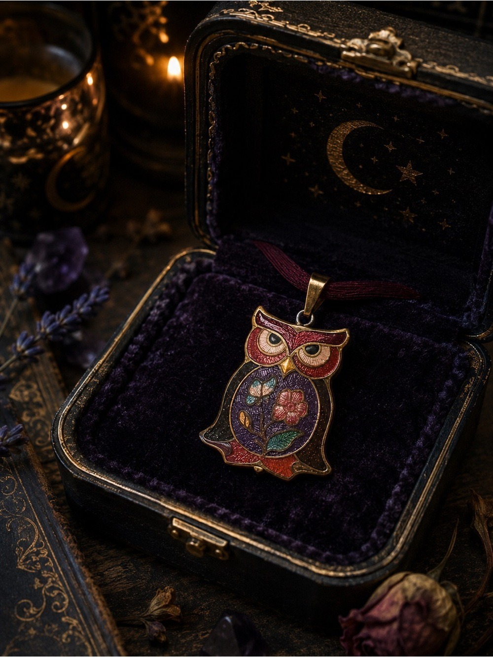 Vintage Cloisonné Owl 🦉 Pendant Necklace • Multicolor Enamel • Folk Art Talisman